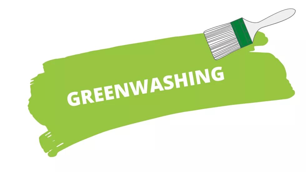 Ein Pinsel streicht mit grüner Farbe über den weißen Hintergrund. Auf der grünen Farbe steht "greenwashing"